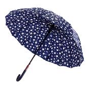 Parapluie Long - Poignée Courbée pour Femme et Homme - 16 baleines en Fibre de Verre - Résistant au vent - Manche en Bois - Bleu Marine