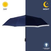 Mini parapluie pliant réfléchissant pour homme - Ouverture automatique - Bleu avec bordure réfléchissante