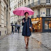 Grand parapluie automatique - Résistant au vent - Poignée incurvée - Motif géométrique - Rose