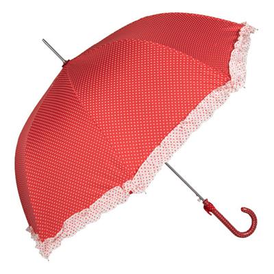 Parapluie long femme - Bordure froufrou - Rouge à pois blancs