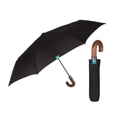 Mini parapluie pliant pour femme - Système d'ouverture automatique - Avec poignée courbée en bois - Noir