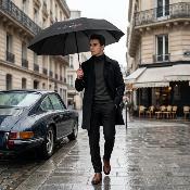 Parapluie pliant unisexe - Ouverture et fermeture automatiques - Résistant au vent - Poignée en bois - Bleu marine