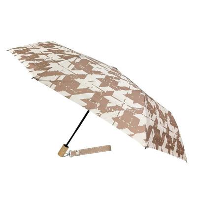 Parapluie pliant pour femme - Ouverture et fermeture automatiques - Résistant au vent - Poignée en bois d'érable - Motif pied-de-poule taupe