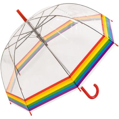 Parapluie transparent cloche - avec bordure arc-en-ciel et manche rouge