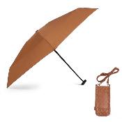 Ultra mini parapluie pliant pour femmes - Slim et léger - Résistant au vent - Avec protection UV - Avec sac smartphone assorti - Marron chameau