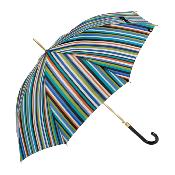 Parapluie long - Poignée en similicuir - Canne dorée - Rayures multicolores - Bleu et vert