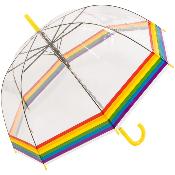 Parapluie transparent cloche - avec bordure arc-en-ciel et manche jaune
