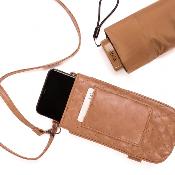 Ultra mini parapluie pliant pour femmes - Slim et léger - Résistant au vent - Avec protection UV - Avec sac smartphone assorti - Marron chameau