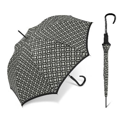 Grand parapluie automatique - Avec poignée courbée en bois - Diamants noirs