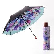 Parapluie Pliant pour Femme - Ouverture Manuel - 8 Baleines en Fibre de Verre - Parapluie Pliant à Trois Volet - Auvent à Revêtement Noir avec Poignée en Bois - Hortensia