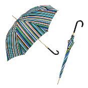 Parapluie long - Poignée en similicuir - Canne dorée - Rayures multicolores - Bleu et vert