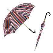 Parapluie long - Poignée en similicuir - Canne dorée - Rayures multicolores - Rouge