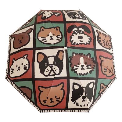 Parapluie Pliant pour Femme - Poignée Courbée en Bois - Motifs chat et chien