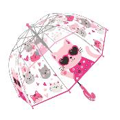 Parapluie Cloche Transparent pour Enfant - 8 Baleines en Fibre de Verre - Poignée Confortable - Chat rose