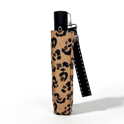 Parapluie pliant pour femme - Ouverture et fermeture automatiques - Résistant au vent - Poignée en bois d'érable avec dragonnes interchangeables - Motif léopard