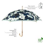 Parapluie canne et écologique pour femme - Ouverture automatique - Large protection 102 cm - Bleu avec imprimé FLEUR