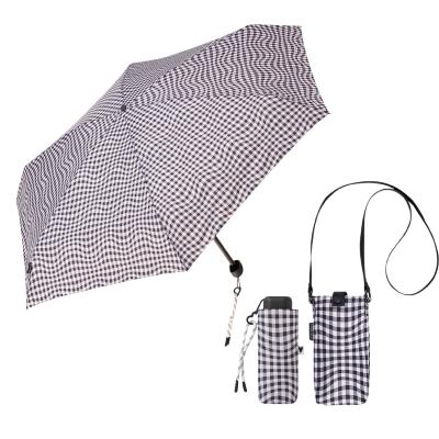 Mini parapluie pliable pour femme – Cinq volets – Protection UVP 50+ – Léger et compact – Avec pochette assortie et breloque en forme de cœur – Noir Vichy