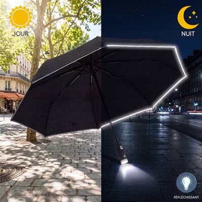 Parapluie pliant automatique avec lampe torche intégrée - Noir