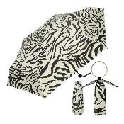 Mini parapluie pliable pour femme – Parapluie de voyage léger et compact 5 plis – Avec pochette et dragonne assorties – Imprimé zèbre