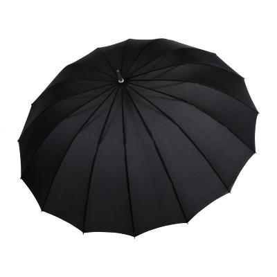 Parapluie Long pour Femme et Homme - 16 Baleines en fer - Grande toile de 135 cm - Résistant au vent - Poignée courbée en bois - Noir