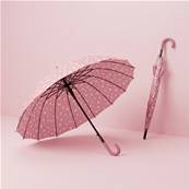 Parapluie Long - Poignée Courbée pour Femme et Homme - 16 baleines en Fibre de Verre - Résistant au vent - Manche en Bois - Rose Pale