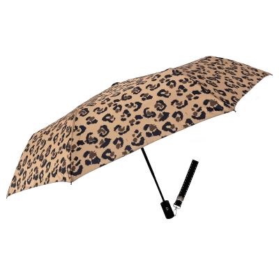 Parapluie pliant pour femme - Ouverture et fermeture automatiques - Résistant au vent - Poignée en bois d'érable avec dragonnes interchangeables - Motif léopard