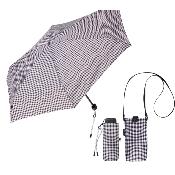 Mini parapluie pliable pour femme – Cinq volets – Protection UVP 50+ – Léger et compact – Avec pochette assortie et breloque en forme de cœur – Noir Vichy