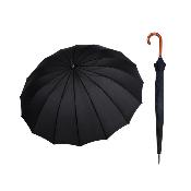 Parapluie Long pour Femme et Homme - 16 Baleines en fer - Grande toile de 135 cm - Résistant au vent - Poignée courbée en bois - Noir