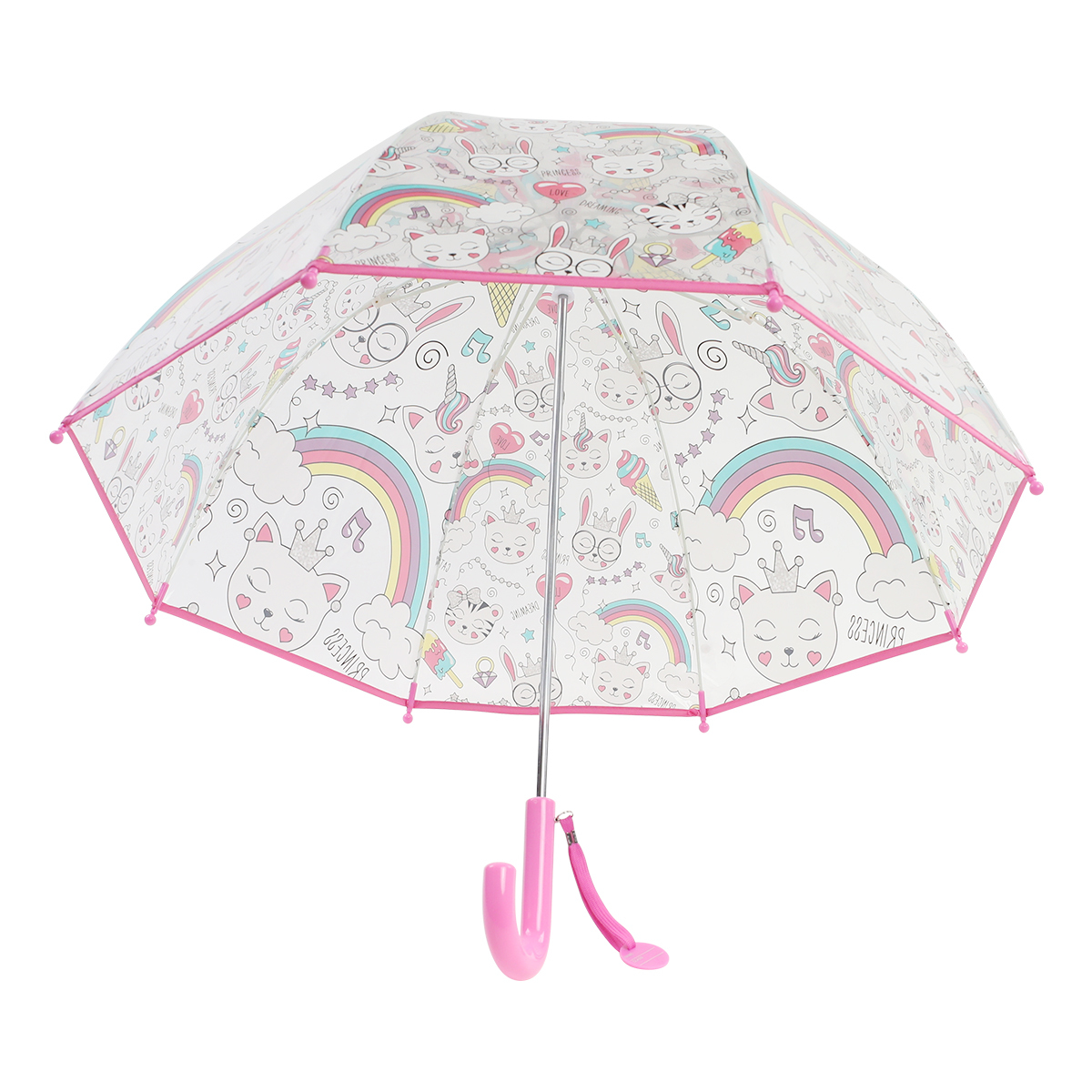 Parapluie enfant transparent - Parapluie fille - Poignée rose - Chat