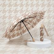 Parapluie pliant pour femme - Ouverture et fermeture automatiques - Résistant au vent - Poignée en bois d'érable - Motif pied-de-poule taupe