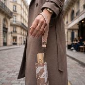 Parapluie pliant pour femme - Ouverture et fermeture automatiques - Résistant au vent - Poignée en bois d'érable - Motif pied-de-poule taupe