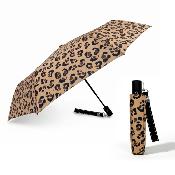 Parapluie pliant pour femme - Ouverture et fermeture automatiques - Résistant au vent - Poignée en bois d'érable avec dragonnes interchangeables - Motif léopard