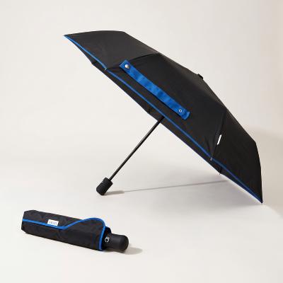 Parapluie pliant compact écologique - Ouverture et fermeture automatiques - Résistant au vent - Toile en PET recyclé - Noir liseré bleu denim