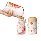 Mini parapluie pliant pour femme - Design compact à cinq volets avec pochette assortie - Imprimé camélia avec revêtement intérieur doré