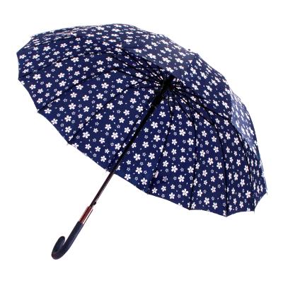 Parapluie Long - Poignée Courbée pour Femme et Homme - 16 baleines en Fibre de Verre - Résistant au vent - Manche en Bois - Bleu Marine