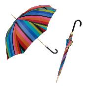 Parapluie long - Poignée en similicuir - Canne dorée - Rayures multicolores - Multicolor