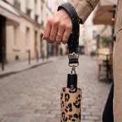 Parapluie pliant pour femme - Ouverture et fermeture automatiques - Résistant au vent - Poignée en bois d'érable avec dragonnes interchangeables - Motif léopard