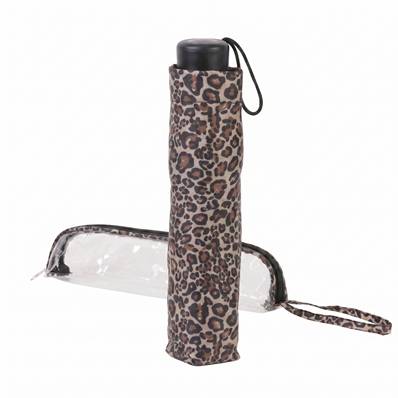 Parapluie pliant pour femme - Avec étui zippé en PVC et dragonne - Motif Léopard