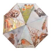 Parapluie droit avec système d'ouverture automatique et manche en bois - huit animaux imprimés : rouge-gorge, lièvre, écureuil, hibou, renard, sanglier, pinson et cerf