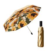 Parapluie pliant pour femme - Parapluie à trois volets - Revêtement or titane - Intérieur tournesol