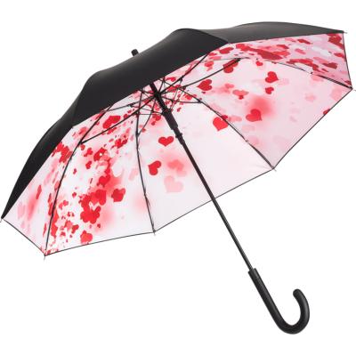 Parapluie long avec protection UV - Coupe-vent - Système d'ouverture automatique - Imprimé noir et cœurs à l'intérieur