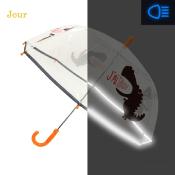 Parapluie cloche transparent enfant - Dinosaure rigolo -  Bordure réflechissante pour être visible la nuit - Transparent avec poignée orange