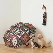 Parapluie Pliant pour Femme - Poignée Courbée en Bois - Motifs chat et chien