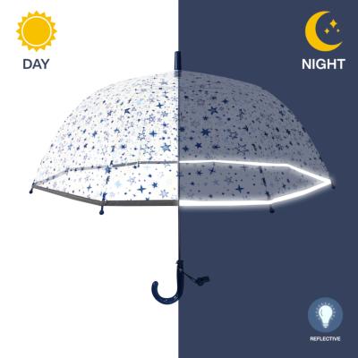 Parapluie cage à oiseaux transparent pour enfant - Résistant au vent - Détails réfléchissants pour plus de sécurité - Bleu Stars