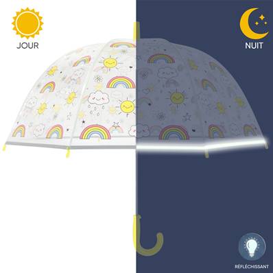 Parapluie cloche transparent enfant - Bordure réfléchissante pour une visibilité optimale la nuit - Sécurité renforcée - Poignée jaune - Imprimé arc-en-ciel
