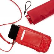 Ultra mini parapluie pliant pour femmes - Slim et léger - Résistant au vent - Avec protection UV - Avec sac smartphone assorti - Rouge