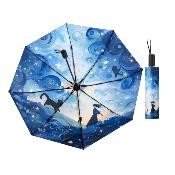 Parapluie pliant pour femme - Parapluie trois volets - Automatique - Revêtement noir - Chat étoilé