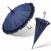 Parapluie Pagode pour Femme - 16 Baleines en Fibre de Verre - Style à Volants - Bleu Foncé