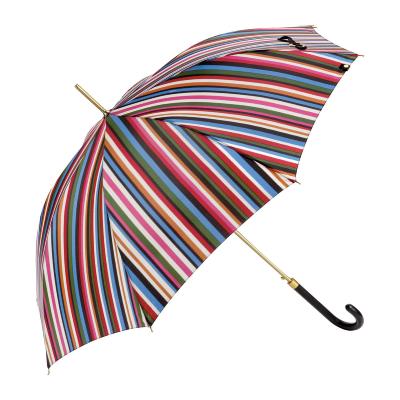 Parapluie long - Poignée en similicuir - Canne dorée - Rayures multicolores - Rouge