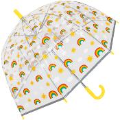 Parapluie cloche Enfant - Baleines sécurisées - Parapluie transparent avec motif ARC-EN-CIEL et Bordure Phosphorescente - Poignée jaune